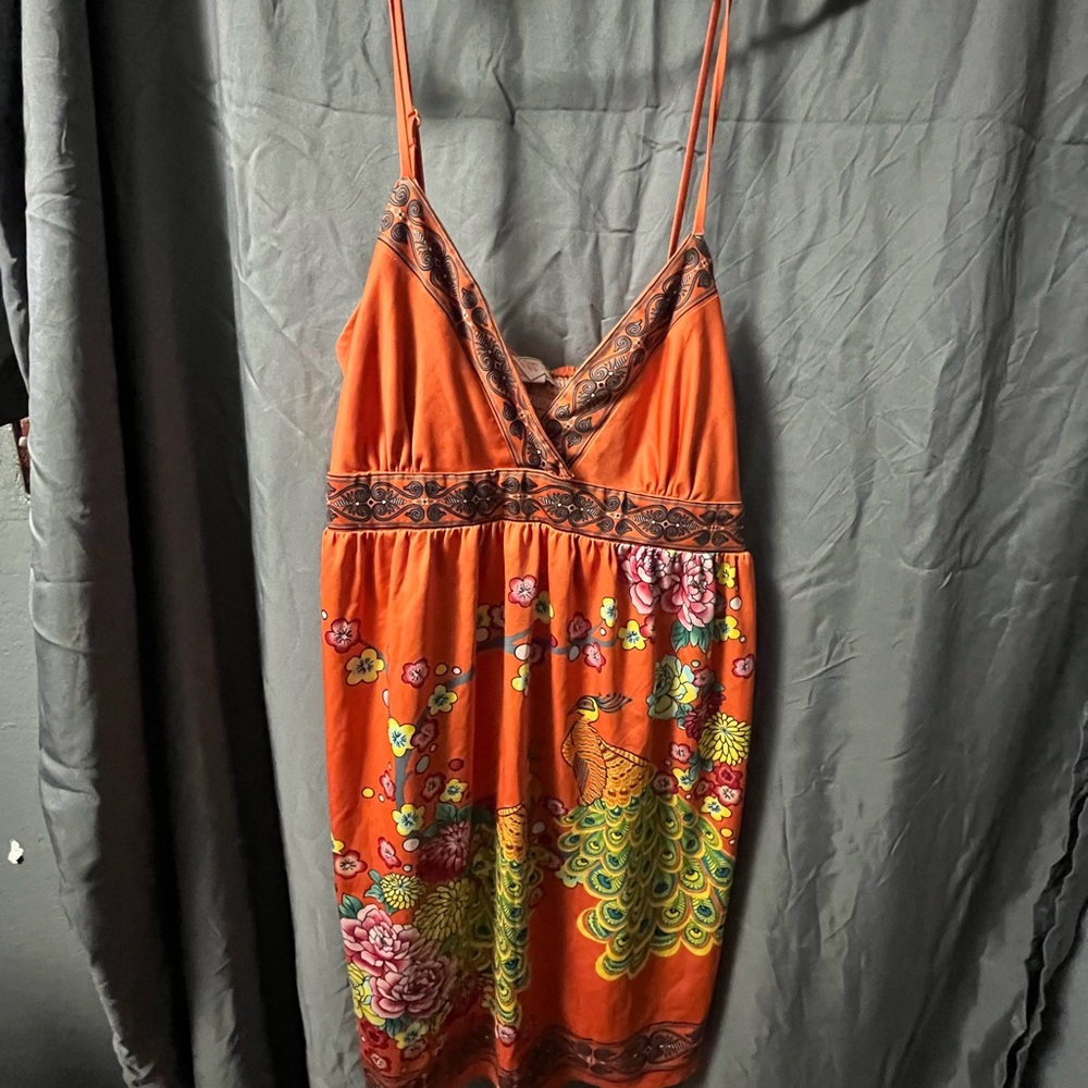 Vibrant Orange Floral Dress with Peacock Design